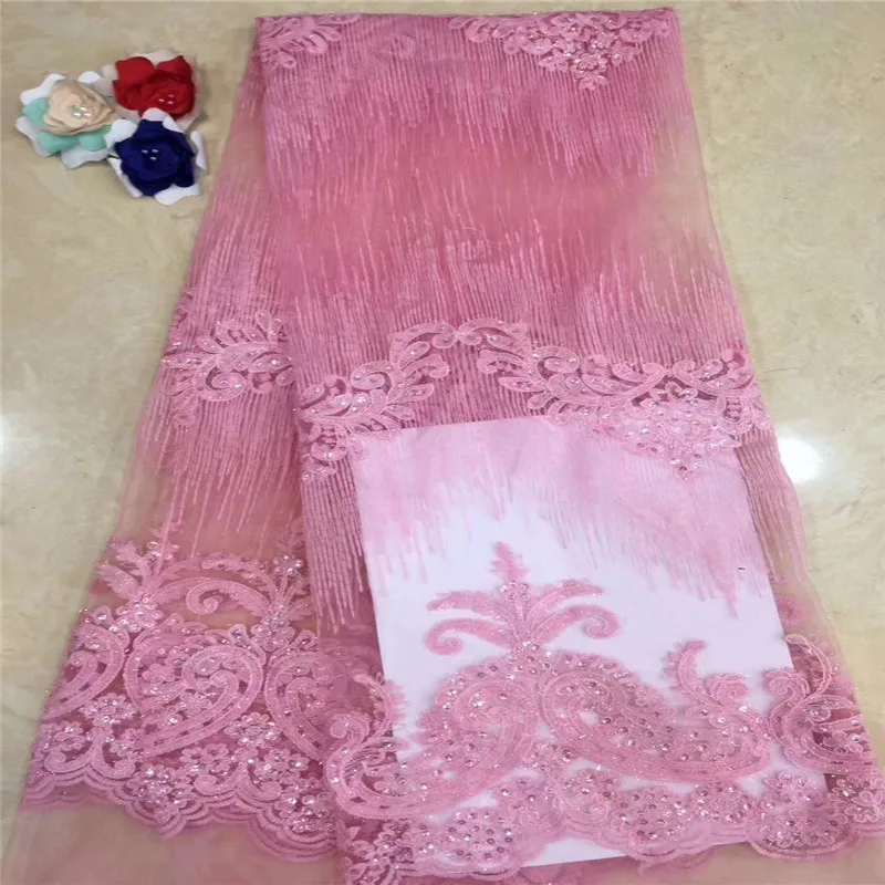 

High Quality African Lace Fabrics Peach Color Nice French Net Embroidery Sequins Tulle Lace Fabric For Nigerian Party Dress(DP12