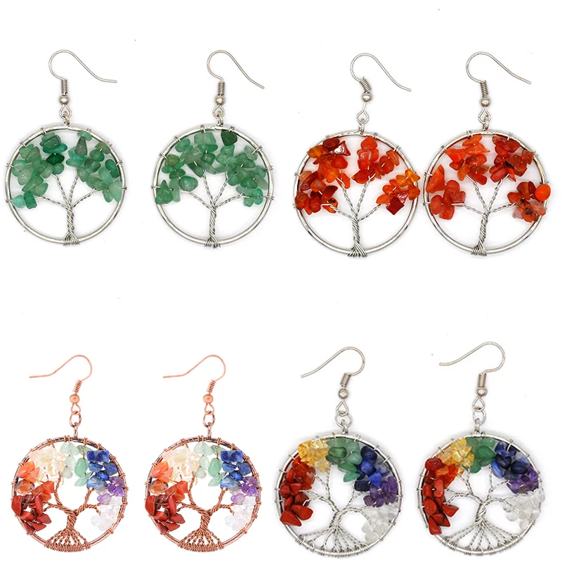 

Round Tree of Life Ear Drop Chip Stone Bead Reiki 7 Chakra Healing green Natural stone small Earrings for Women Jewelry 2019