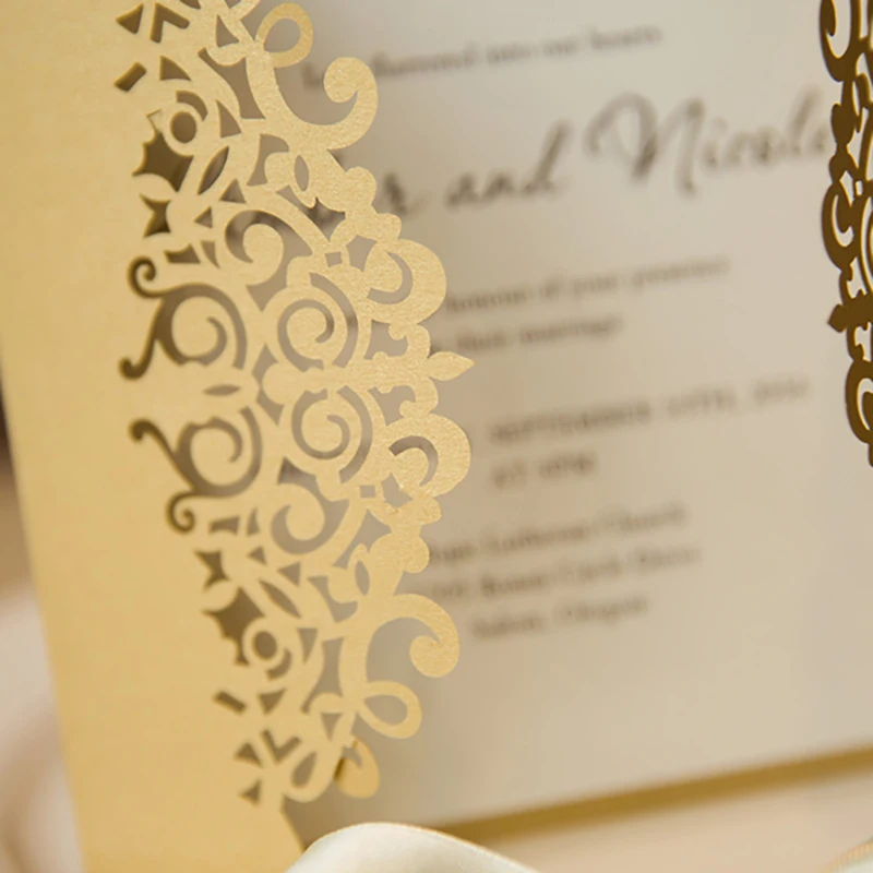  10 Kits Blank Inside Print Gold Laser Cut Invitations Cards Paper Customize Fold Ribbons Bow Weddin - 32867725309