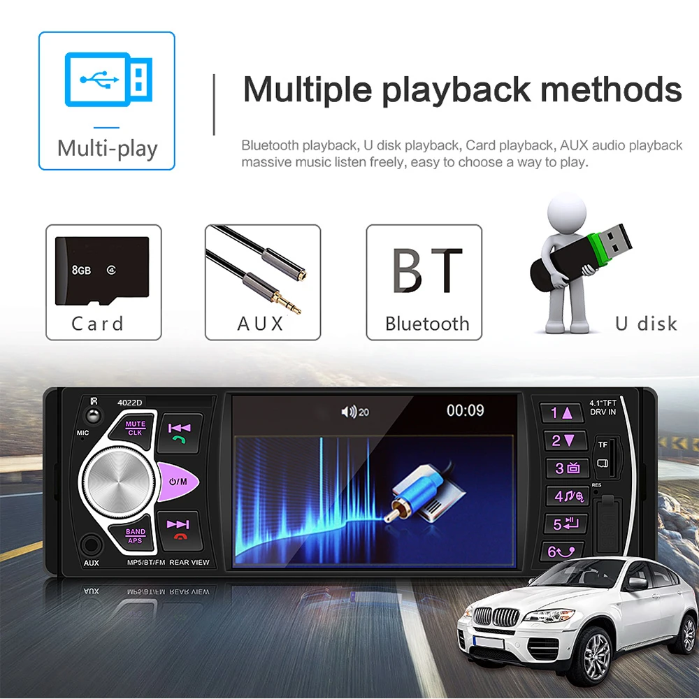 Podofo 1 Din автомагнитола 4,1 ''цифровой дисплей Bluetooth FM MP3 Авторадио мультимедийный плеер 1din аудио радио USB FM Монитор резервного копирования