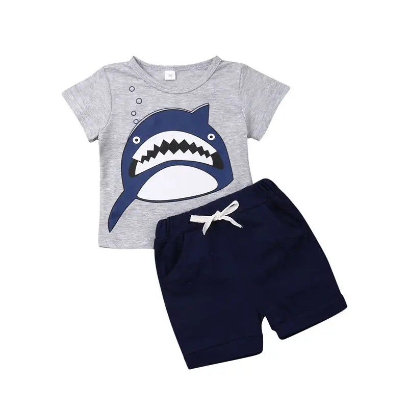 2019 0-3T Newborn Baby Boys Clothes Set Infant Shark Outfit Kids Short Sleeve T-shirt+Shorts Toddler Children Summer 2pcs |
