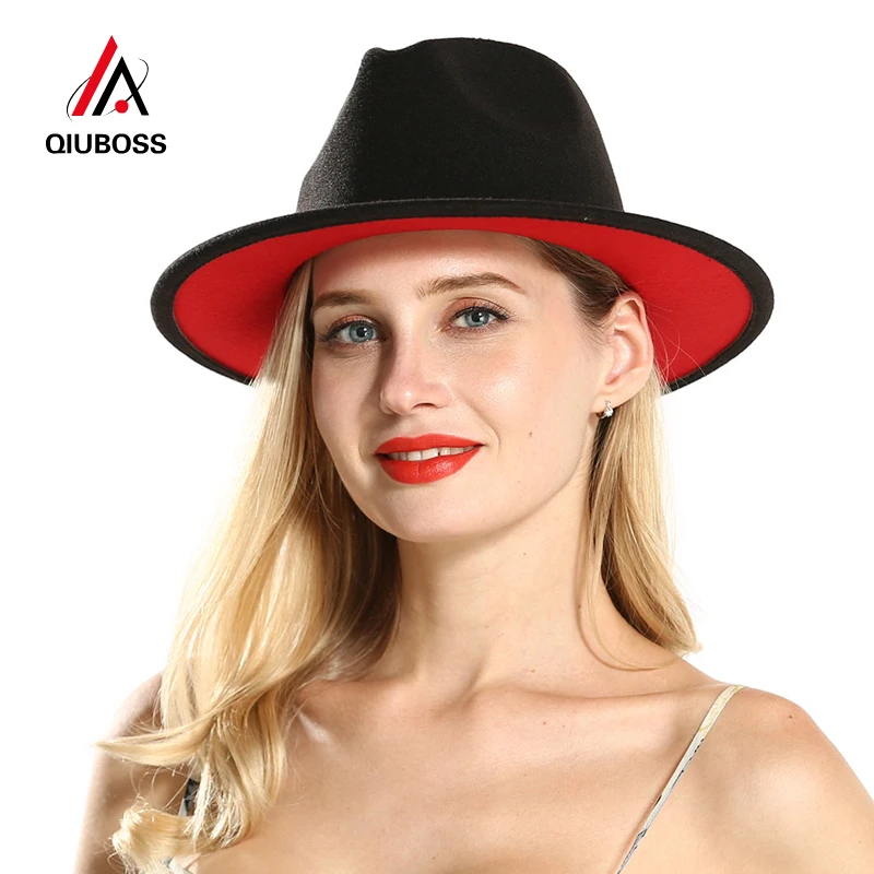 

QIUBOSS Wool Felt Trilby Ladies Dress Hats Women Black Red Patchwork Floppy Jazz Panama Carnival Fedora Hats Without Ribbon