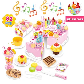 

40/55/75/82pcs Simulation Birthday Cake Cutting with Lights and Music Pretend Play Kids Kitchen Food Toys for Girls 3years Gift