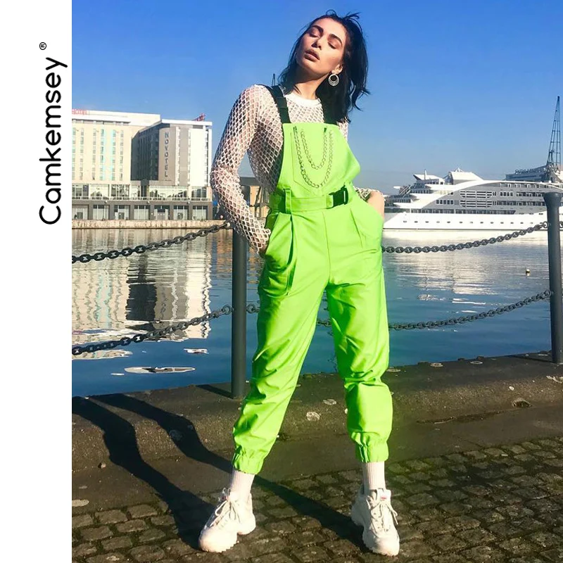

CamKemsey Fashion Neon Green Buckle Metal Chain Street Overalls Pants Women 2019 Spring Autumn Big Pockets Casual Jumpsuits