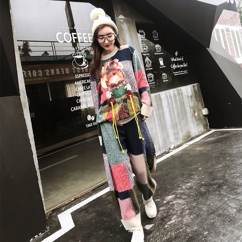 TREND-Setter 2018 Spring New Fashion Knitting Sweater and Pants Women Set Young Girl Pattern and Tassel Pullovers Casual