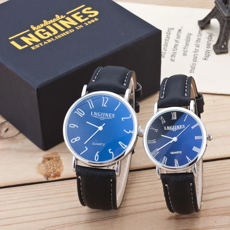 Высококачественные Брендовые Часы для влюбленных пар кварцевые наручные часы с кожаным черным ремешком Мужские и женские деловые Подарочные наручные часы