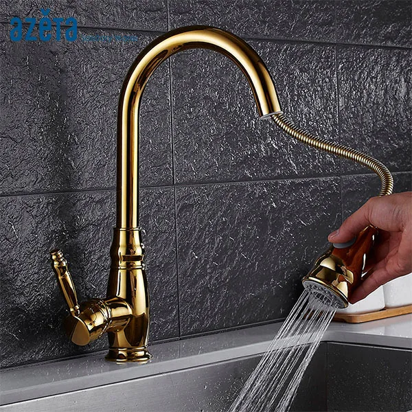 Azeta Golden Pull Out Kitchen Faucet 360 Degree Rotation Torneira Cozinha Deck Mounted Hot Cold Water Sink Tap AT7618G | Обустройство