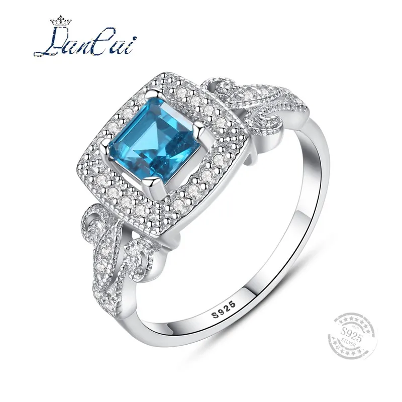 

LANCAI Fashion 925 Sterling Silver Ring Genuine Solitaire Natural London Blue Topaz Ring for Women Fine Jewelry Lovers Gift