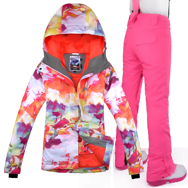 Женская лыжная куртка+ штаны с принтом стильная ветрозащитная Водонепроницаемая дышащая уличная спортивная одежда супер теплый комплект для катания на лыжах и сноуборде - Цвет: Color 1
