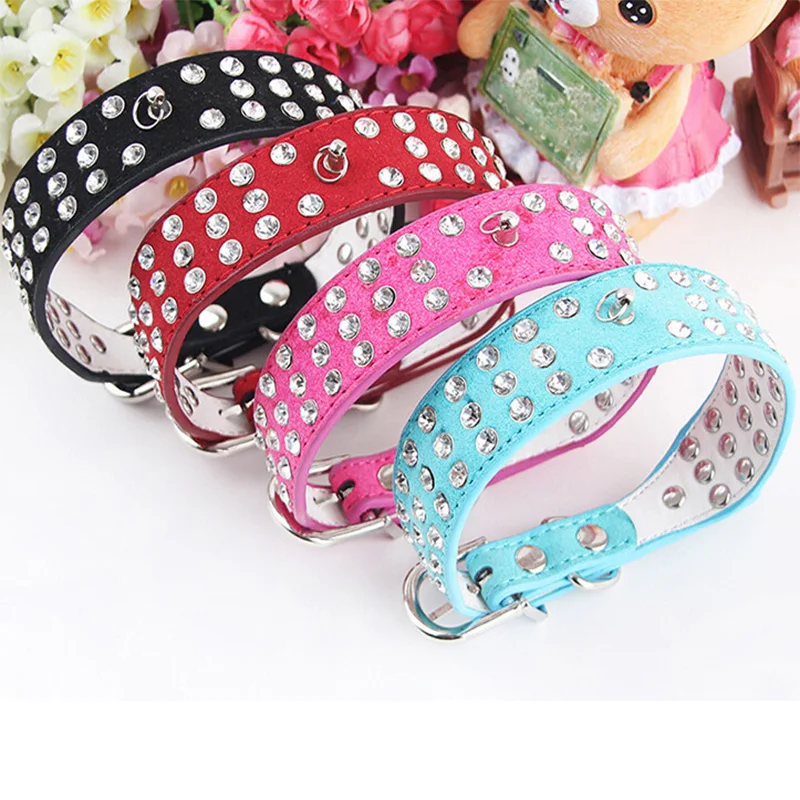 Three rows Rhinestone leather dog collar Flocking Diamond pet collars Width 4.0cm Adjustable cat