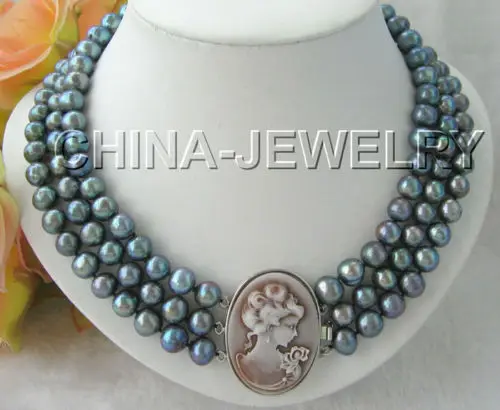 

FREE SHIPPING HOT sell new Style >>>> Beautiful 17-19" 3row 10-11mm black round freshwater pearl necklace-cameo clasp