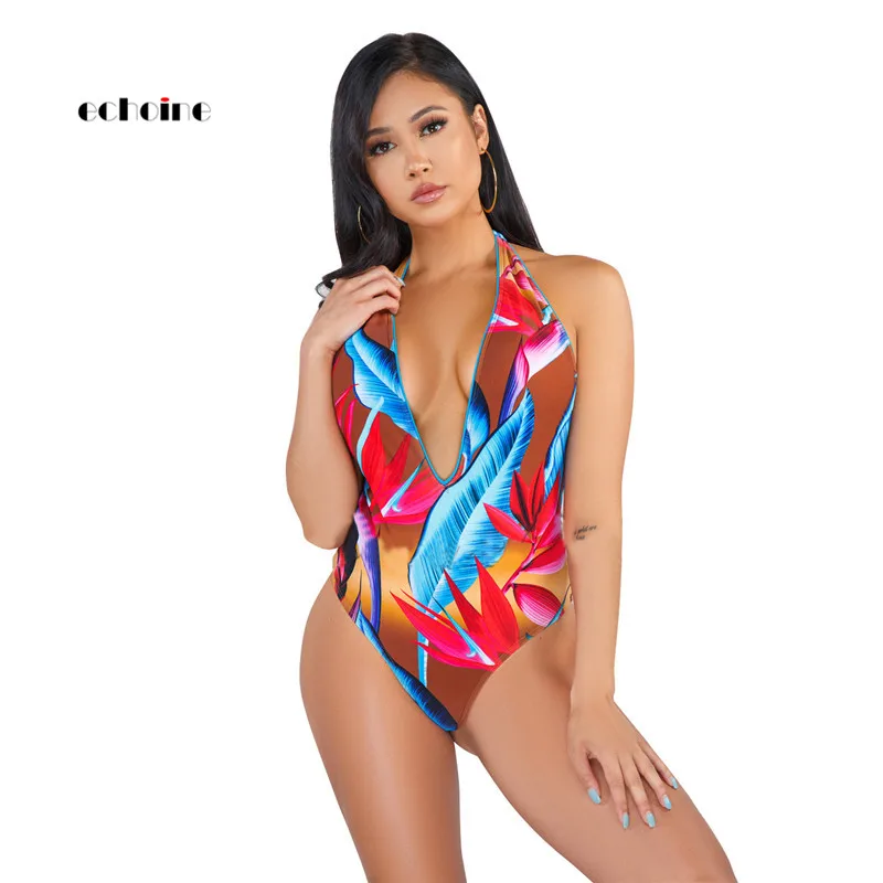 

Echoine Women Bodycon Jumpsuit Leaf Print Sleeveless V-Neck Backless Sexy Bodysuits Swimming Beach Slim Bikini Romper Streetwear