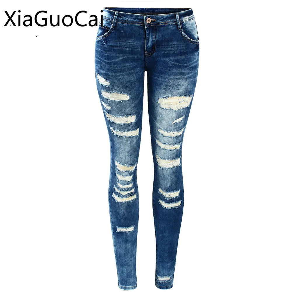 Высокое качество выдалбливают Для женщин джинсовые узкие сильно облегающие джинсы; сезон весна-осень; Синие рваные штаны для маленькой девочки узкие брюки Lu3 35
