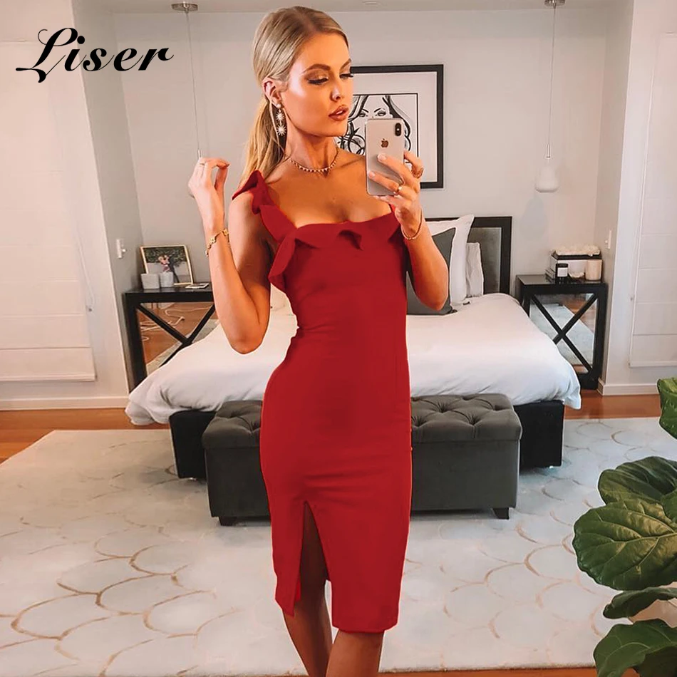 

Liser 2019 New Summer Women Dress Strapless Ruffles Bandage Dress Sexy Bodycon Elegant Club Celebrity Party Red Dresses Vestidos