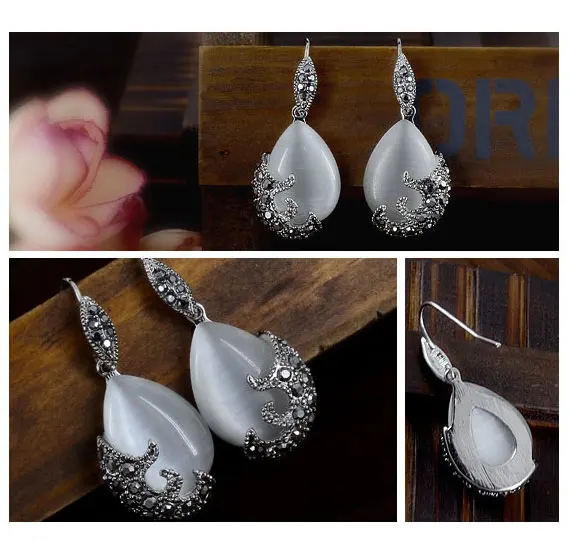 JEXXI Neue Retro Silber Mode Opal Wasser Tropfen Blume Anhänger Lange Halsketten Und Ohrringe Schmuck Sets Mais Ketten 30"