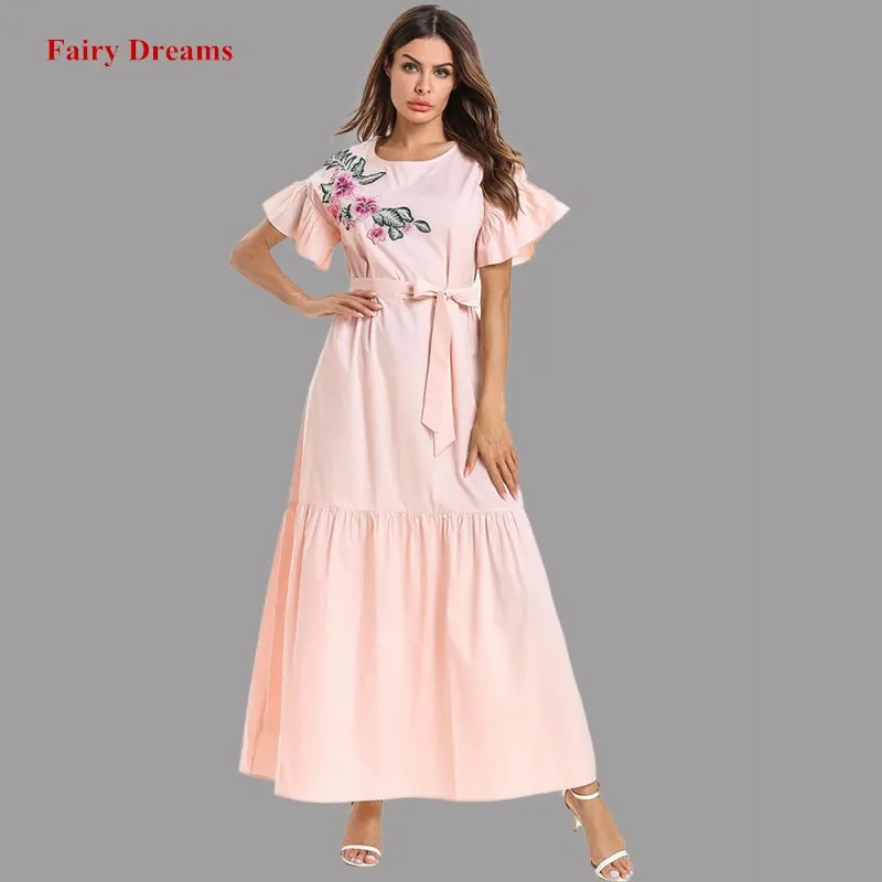 

Women Pink Abaya Dubai Muslim Dress Short Sleeve Kaftan Turkish Islamic Plus Size Clothing Summer Bandage Dress Embroidery Robe