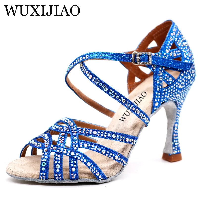 Dance Shoes WUXIJIAO Gold silver Rhinestone Latin Dance Shoes Women Salas Ballroom Shoes Pearl High Heel 9cm Waltz Software