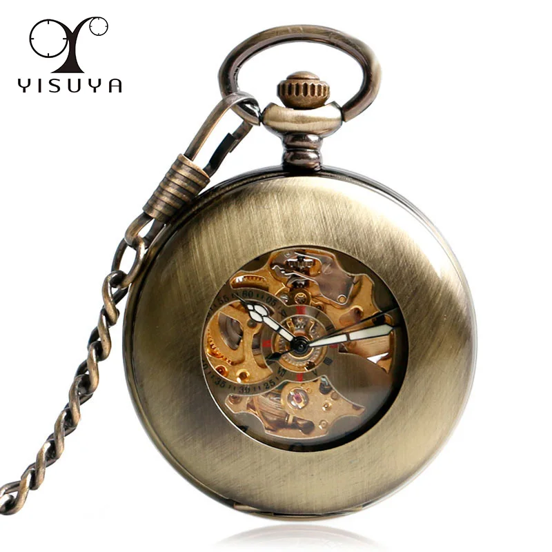 

Vintage Mechanical Pocket Watch Automatic Skeleton Steampunk Men Fob Watch Smooth Case Half Hunter Exquisite with Gift Bag