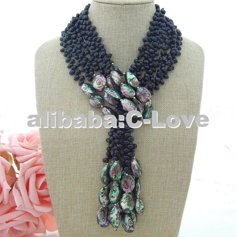 

50" 3 Strands Black Pearl Abalone Shell Necklace free shipment