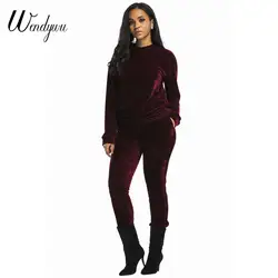 WENDYWU/Новые модные Повседневное топ с длинными рукавами и длинные Брюки для девочек 2 шт. сплошной цвет красного вина Для женщин комплект