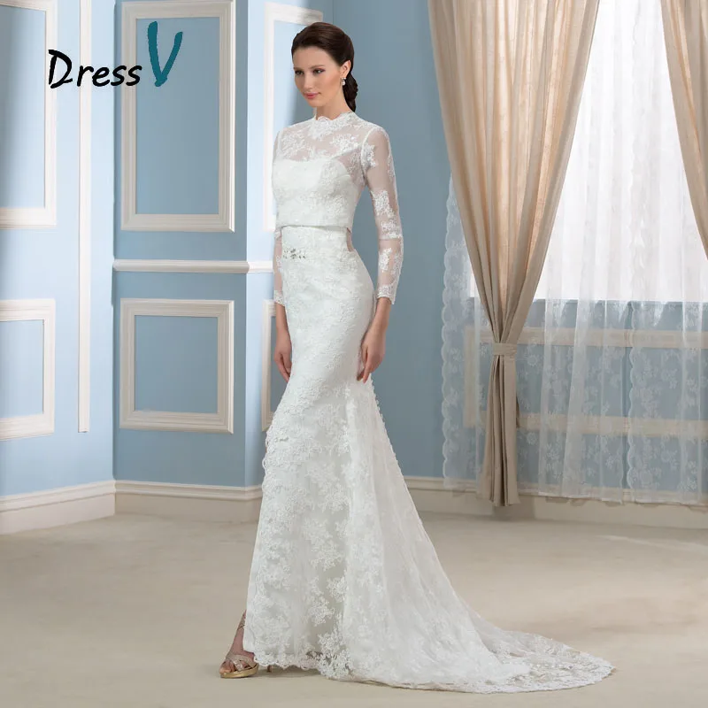 Moda De Dos Piezas De Estilo De Vestidos De Novia Sheer De Cuello Alto Hollow Volver Vintage Manga Larga Delantero De Split Sirena Vestidos De Novia 2016 Dress Wedding Gown Gowndress Piece Aliexpress