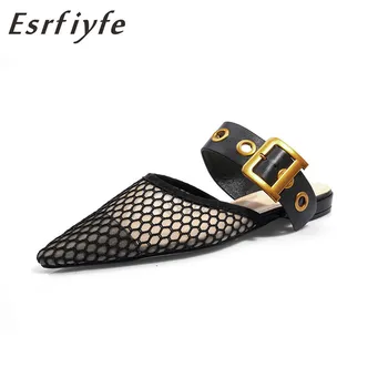 

ESRFIYFE 2019 New Genuine Leather Net Yarn Spring Thick with Muller Shoes Women's Low Heels Pointed Belt Buckle Black Slippers