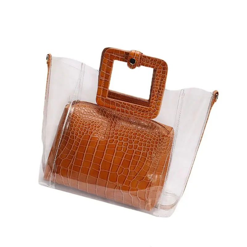 

2 PCS/SET Women's Transparent PVC Beach Handbag Tote Shoulder Crossbody Bag Summer Beach Mini Bags 27x12x25cm