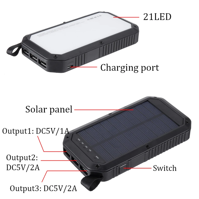 Солнечное зарядное устройство 8000 мАч 21LED светильник водонепроницаемые компасы солнечное зарядное устройство 3USB порты Внешнее зарядное устройство банк питания для смартфонов