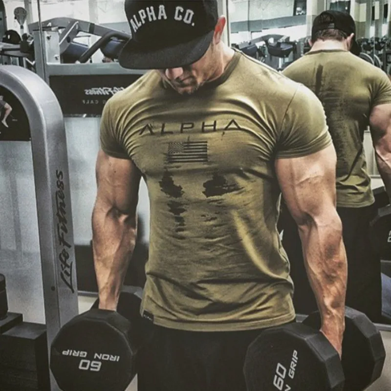 

2019 Men Brand Gym Sport Running T shirt Fitness Bodybuilding Tight Fit Cotton Shirts Short Sleeve Workout Men Tees Tops