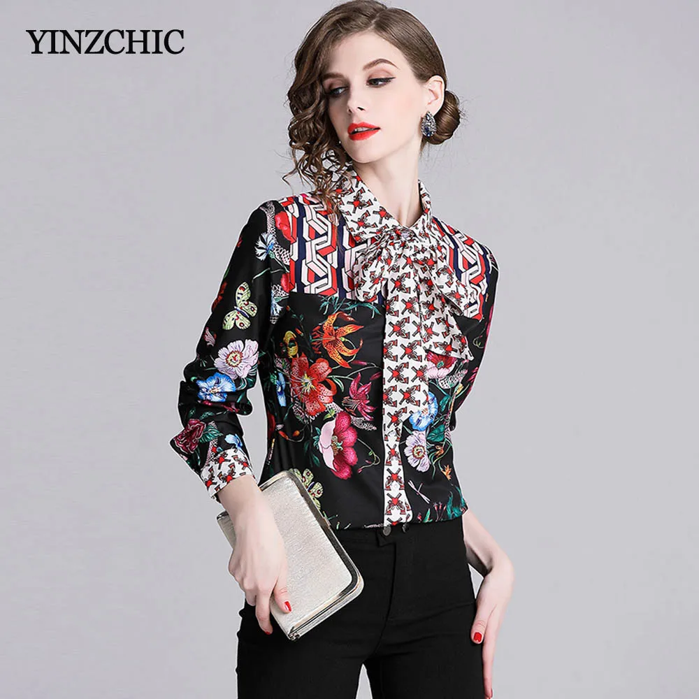 

Spring New Womans Print Blouse Turn-down Collar Floral Female Casual Blouse OL Work Shirts Bow Patched Blouses Women