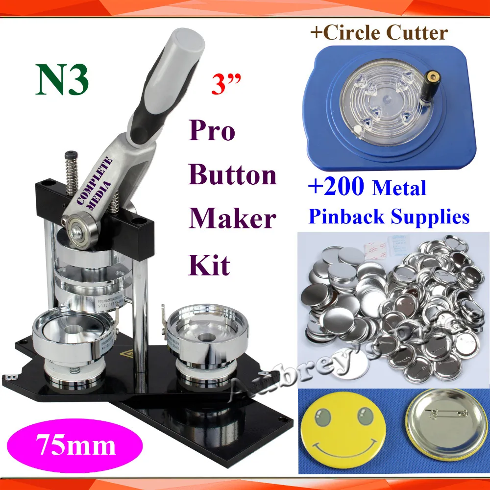 

Pro N3 NEW 3":75mm Badge Button Maker Machine + Fixed 8Size Adjustable Circle Cutter+200 Set Metal Pinback Button Supply