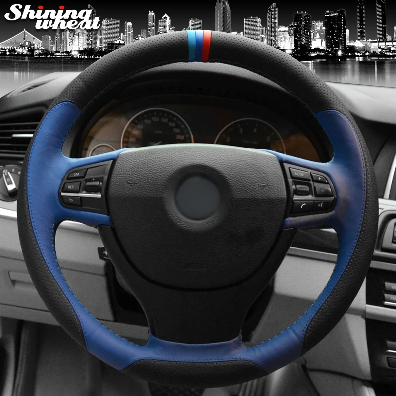 cheap Shining wheat Black Blue Leather Car Steering Wheel Cover for BMW F10 523Li 525Li 2009 730Li 740Li 750Li