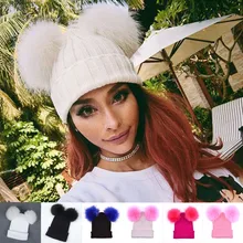 Двойной Искусственный мех мяч вязаная крючком зимние теплые Шапки для Для женщин Мода Толстые мешковатые сплошной Кепки шапочка Bone feminino