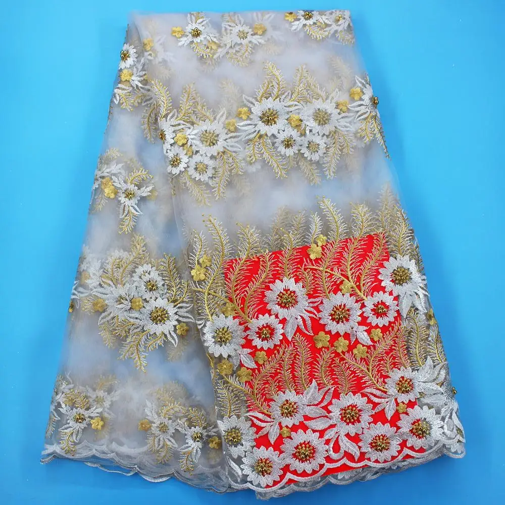 

White and gold fabric high quality lace fabric white african fabric with beads embroidered mesh fabric for wedding decoration
