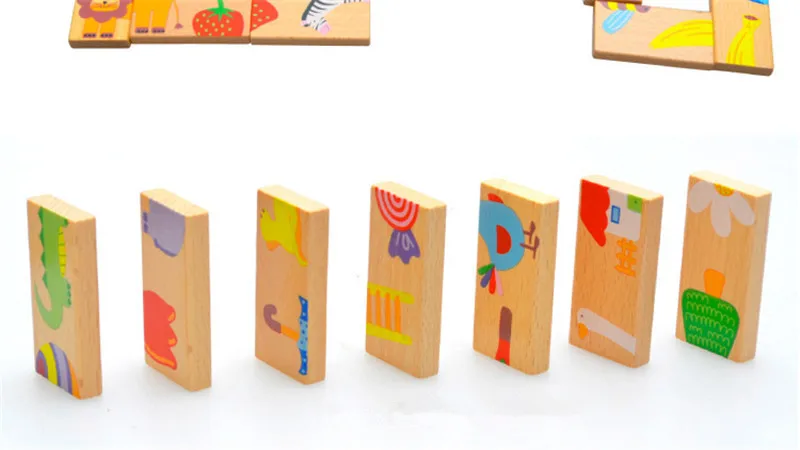 Cute 28pcs/set baby Wooden Dominoes Block Cartoon Animal Colored Jigsaw Tangram children Educational Toys for child domino game