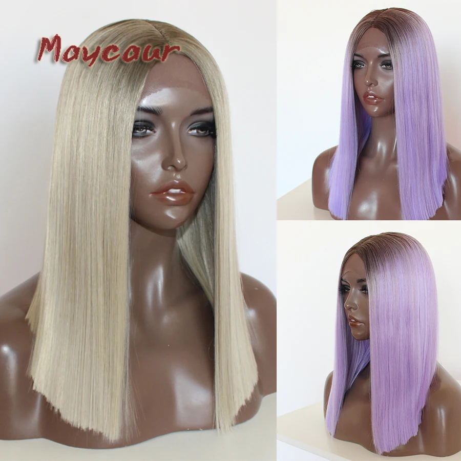 

Black Blonde Purple Color Short Straight Bob Wigs Middle Part Synthetic Lace Front Wigs Heat Resistant Full Wig For Black Women