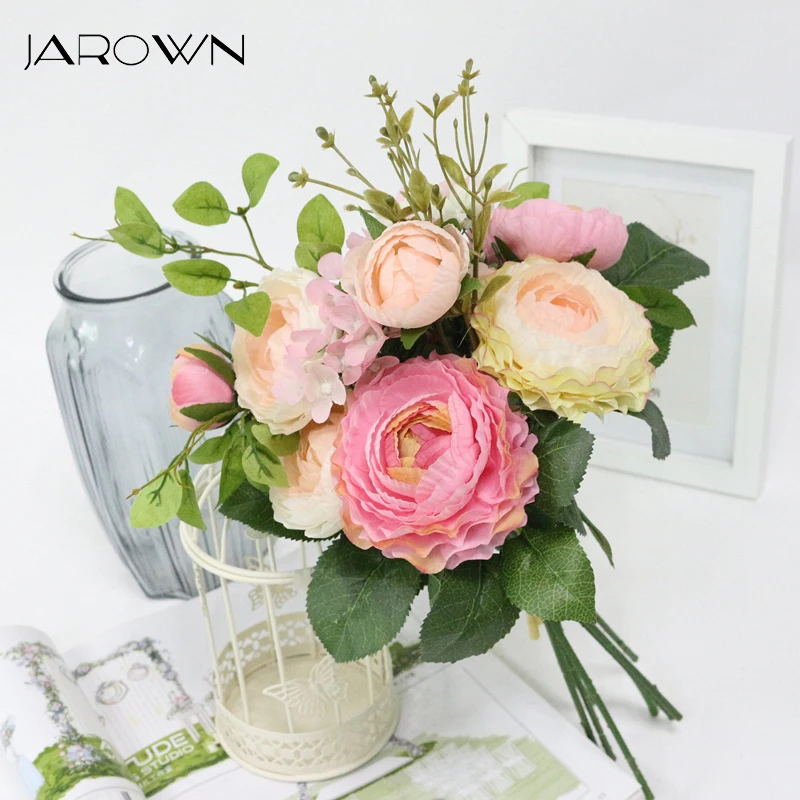

JAROWN Simulation Tea Rose Bouquet Hydrangea Artificial Fake Flower Wedding Bride Holding Flowers Home Decorations