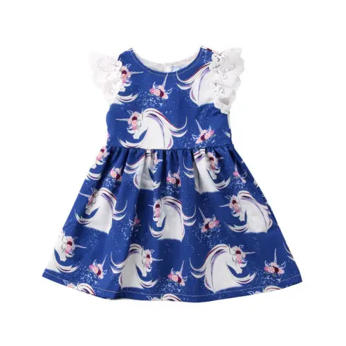 Blue Lace Cartoon Print Princess Dress Kids Baby Girl Dresses Casual Summer Cute Party Dresses 1-6T