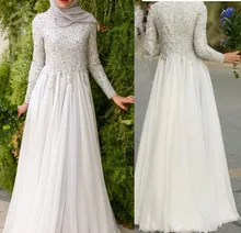 Pure White Hijab Formal Evening Party Dresses 2017 Lace Appliques Beaded Muslim Lady Gowns Full Sleeves Chiffon Robe De Soiree
