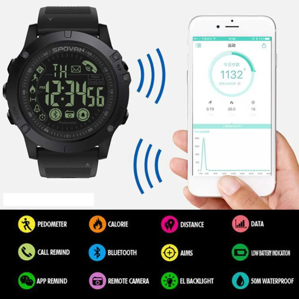 Умные часы в Военном Стиле, фитнес-трекер, шагомер, Bluetooth, спортивные цифровые умные часы, напоминание, запись активности, умные часы
