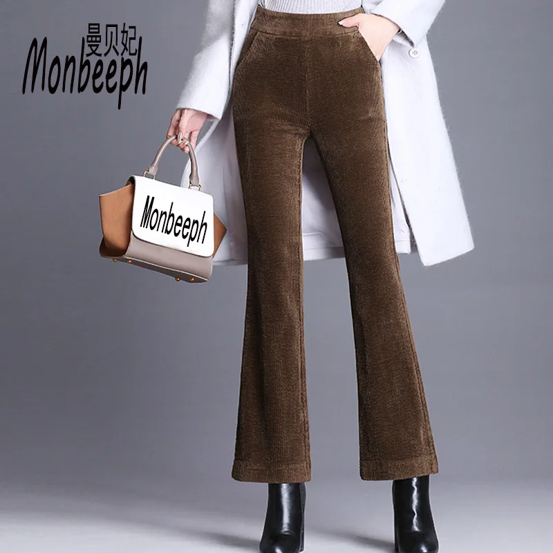 Koop Monbeeph Plus Size S 4XL Vrouwen Corduroy Broek Herfst Winter Vintage Mode Rechte Broek Toevallige Elastische Taille flare Broek