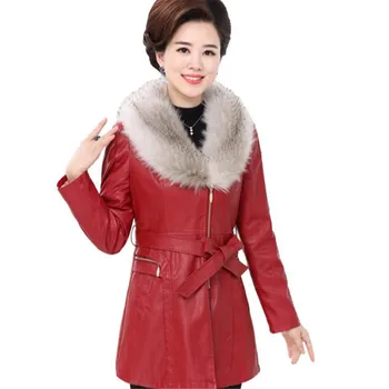 

Autumn Fashion Women'S Short Washed Pu Leather Jacket Faux Fur Collar New Mid-Aged Ladies Black Red Leather Trench Coat A3887