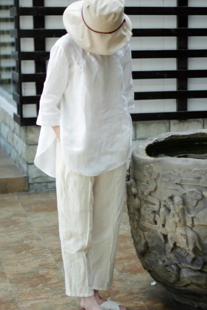 Рами китайская тарелка пуговицы рубашка женский Нерегулярные Половина рукава Свободные Круглый средства ухода за кожей шеи футболка