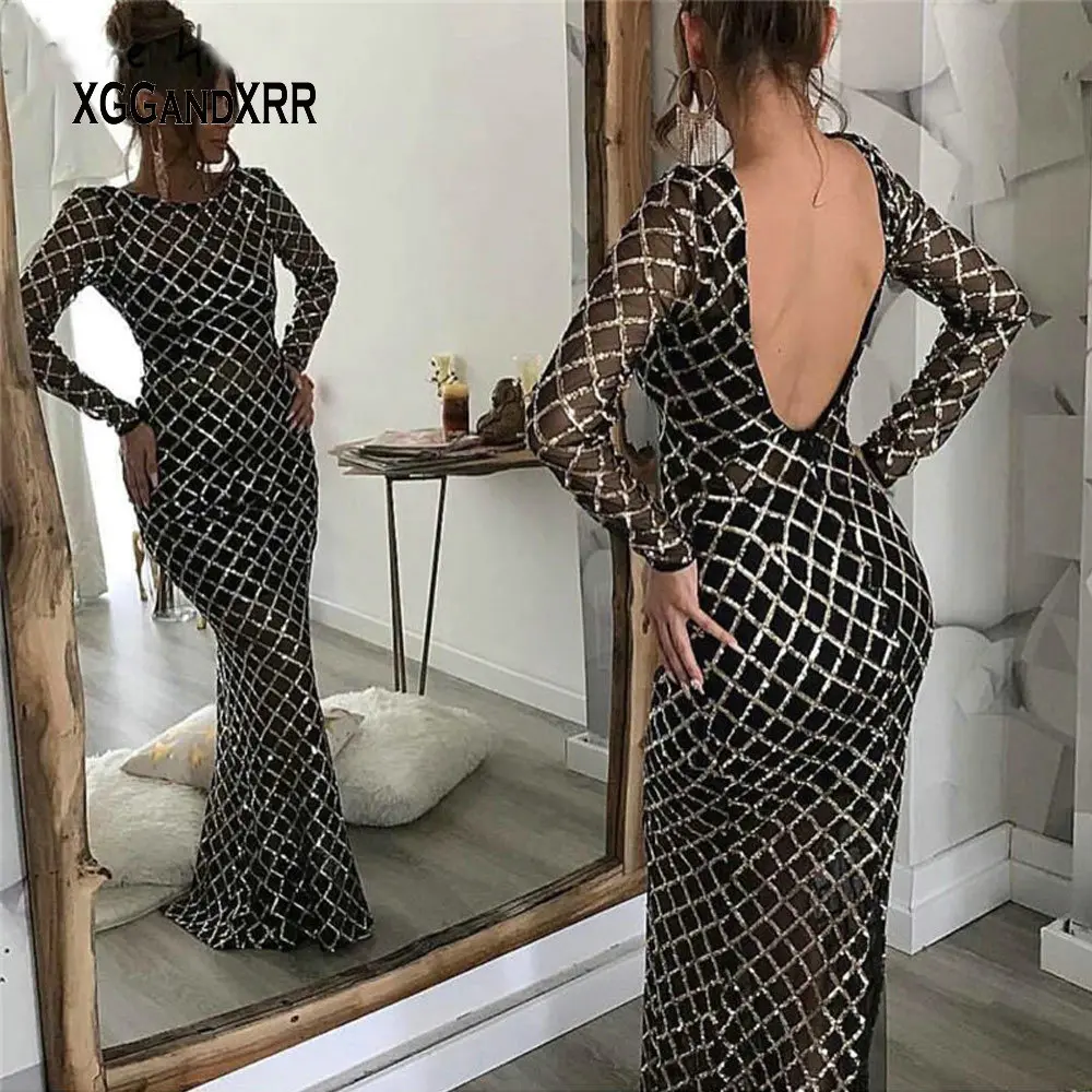 

Charming Long Sleeves Black Long Mermaid Prom Dress 2019 Elegant Backless Sequin Evening Dress Gala Women Formal Party Gown