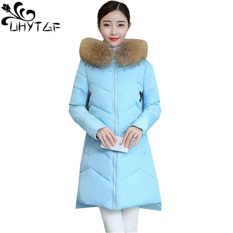 #*Cheap UHYTGF Women #039;s Winter Down Cotton Jackets Top Long Fur collar Hooded Coat Female Plus size Down Cotton Thickening Warm Coat 576