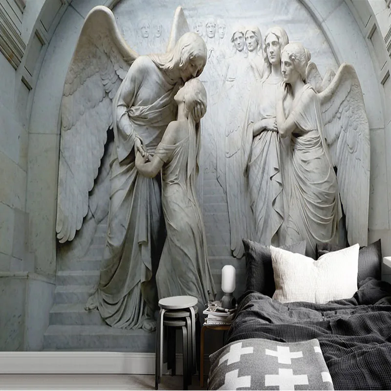 Renaissance 3D Angel Embossed Wallpaper Mural Angels Sculpture Carving Backdrop 