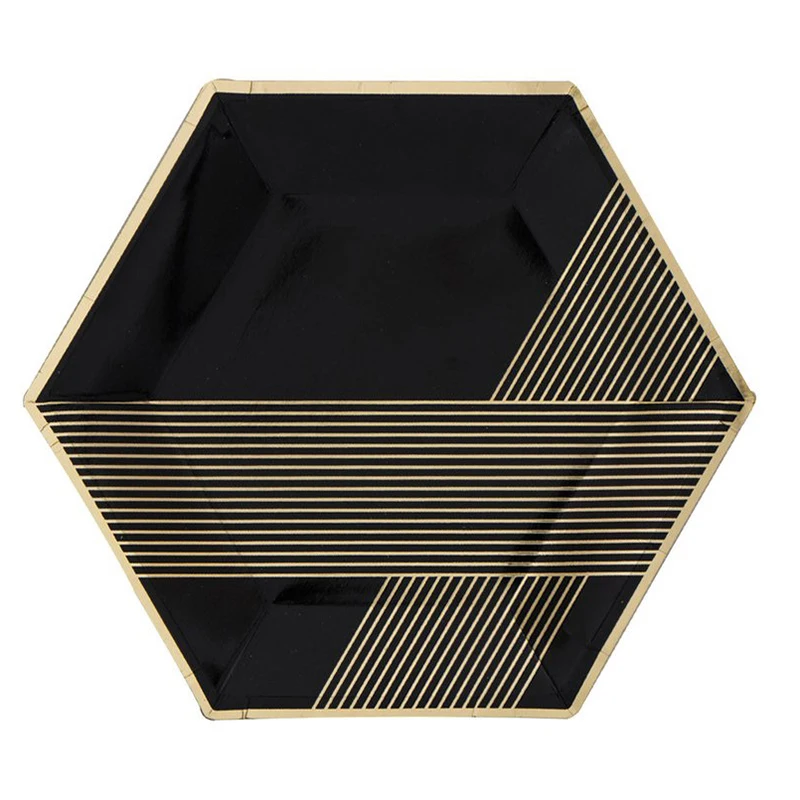 16pcs/set Vintage Chevron Striped Paper Plates Black Gold Hexagon Advanced Disposable Dinner