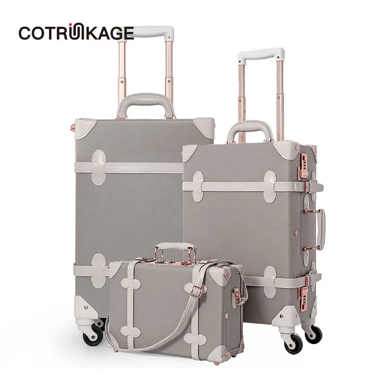 

COTRUNKAGE 13" 20" 26" Grey Travel Suitcase Sets Ladies Pu Leather 3 Piece Womens TSA Vintage Trolley Luggage Trunk with Wheels