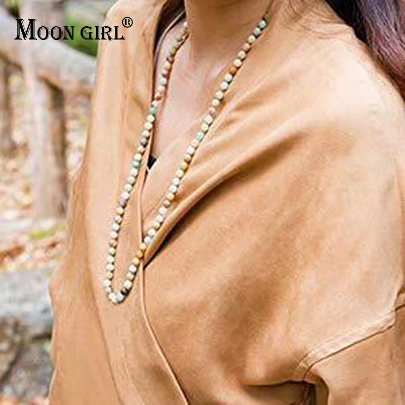 

MOON GIRL 51inch Natural Amazonite Stone Long Necklace 8MM Beaded Hand Knotted Fashion Statement Necklace for Women Dropship
