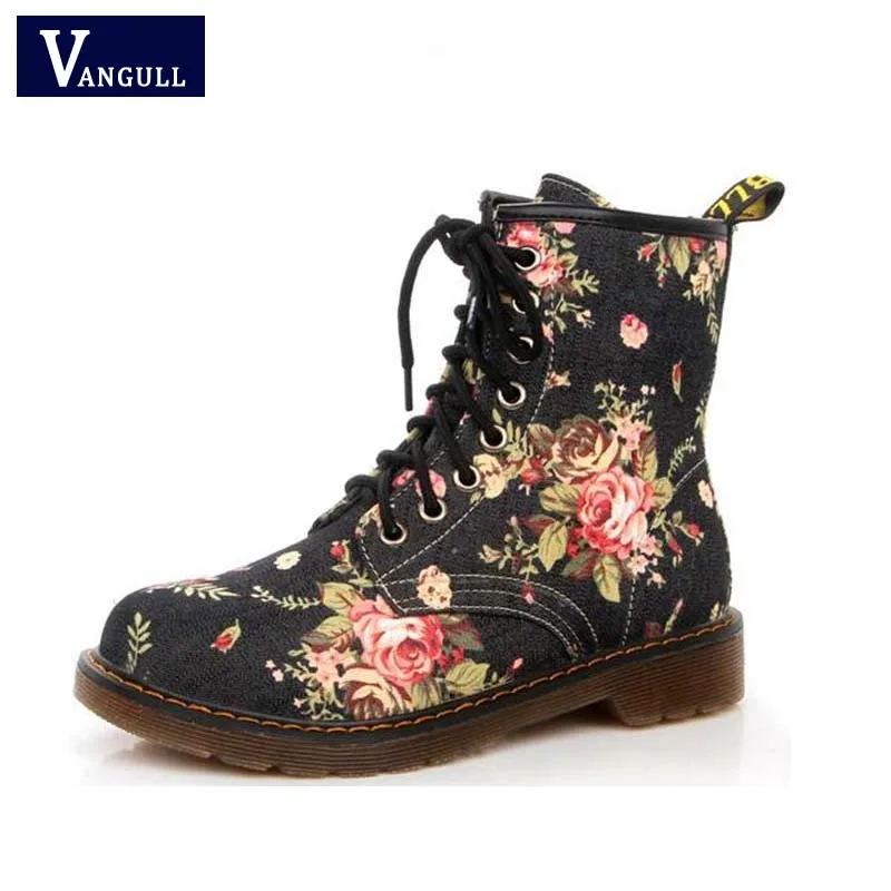 

Vangull England Vintage Spring Autumn Print Floral Martin Boots Shoes Woman Fashion Round Toe Low Heels Women Ankle Boots